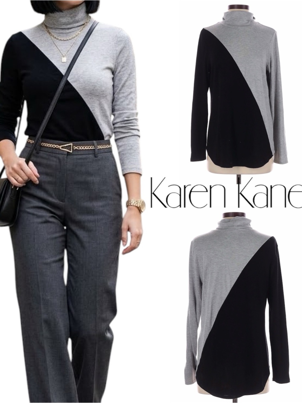 Karen Kane | NWOT USA Black Grey Colorblock Cowl Neck Top (Size S)